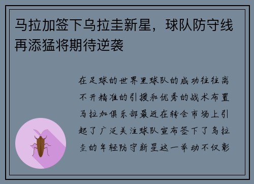 马拉加签下乌拉圭新星，球队防守线再添猛将期待逆袭